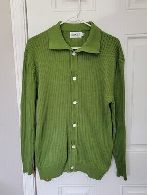 OXKNIT Green Ribbed Knit Button-Front Collared Cotton Cardigan Sweater Mens L